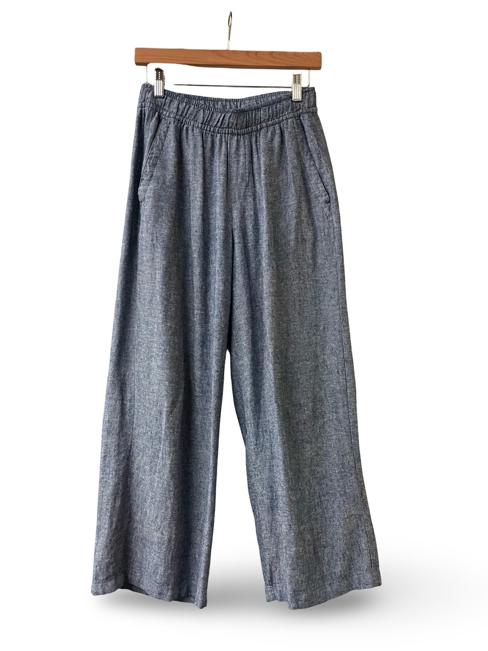 Linen-blend Wide Leg Petite Pants - Blue / Grey